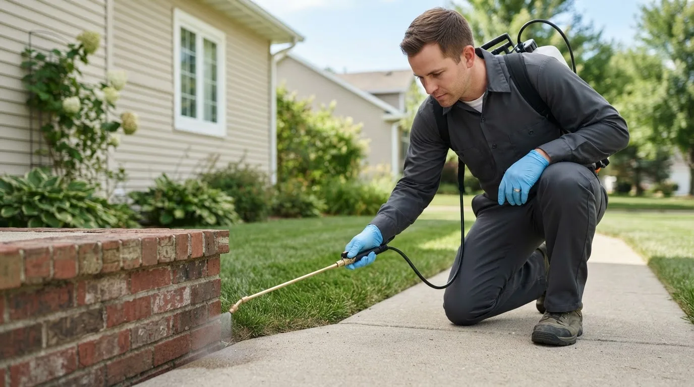 Pest control technician treating a home near Valdez, NM